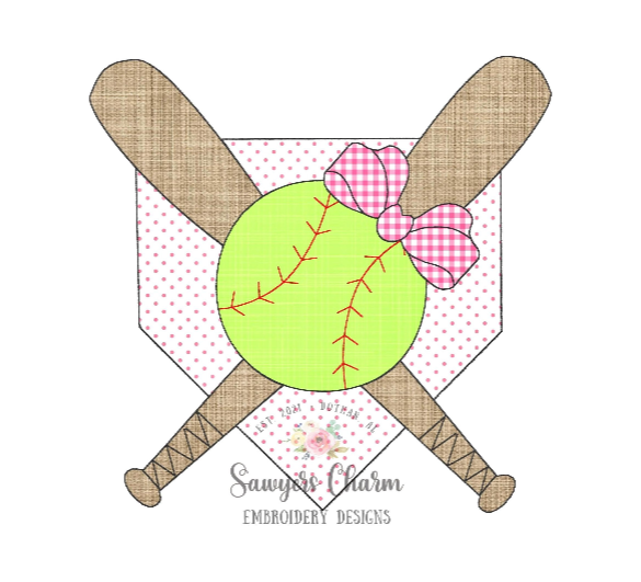 BUNDLE Baseball bats/home plate zig zag & bean stitch with coquette bow machine applique, embroidery design, softball player
