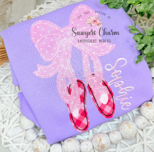 BUNDLE Ballet slippers with bow zig zag & bean stitch machine applique, embroidery design, coquette, ballerina pointe shoes, dance, ribbons
