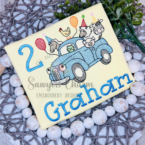 Birthday party blue truck with animals, balloons, and hats sketch stitch machine embroidery design, sheep, cow, pig, chicken, horse, farm