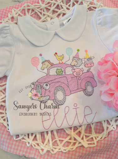 Birthday party blue truck with animals, balloons, and hats sketch stitch machine embroidery design, sheep, cow, pig, chicken, horse, farm