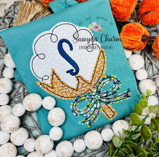 Cotton boll with coquette bow bean stitch applique, embroidery design, fall harvest, farming