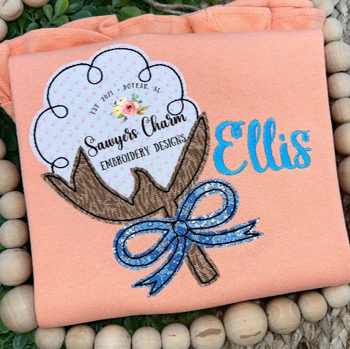 Cotton boll with coquette bow bean stitch applique, embroidery design, fall harvest, farming