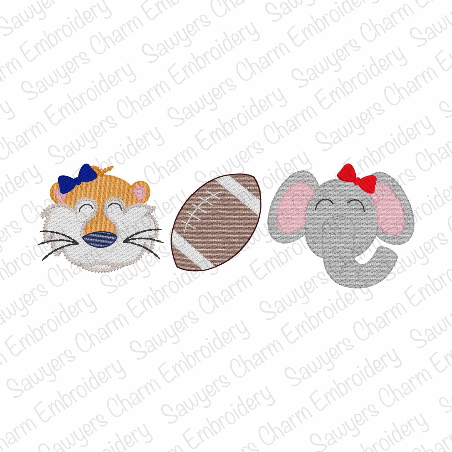Embroidered designs of a fox, football, and elephant on a white background with 'Sauyer's Charm Embroidery' watermark.
