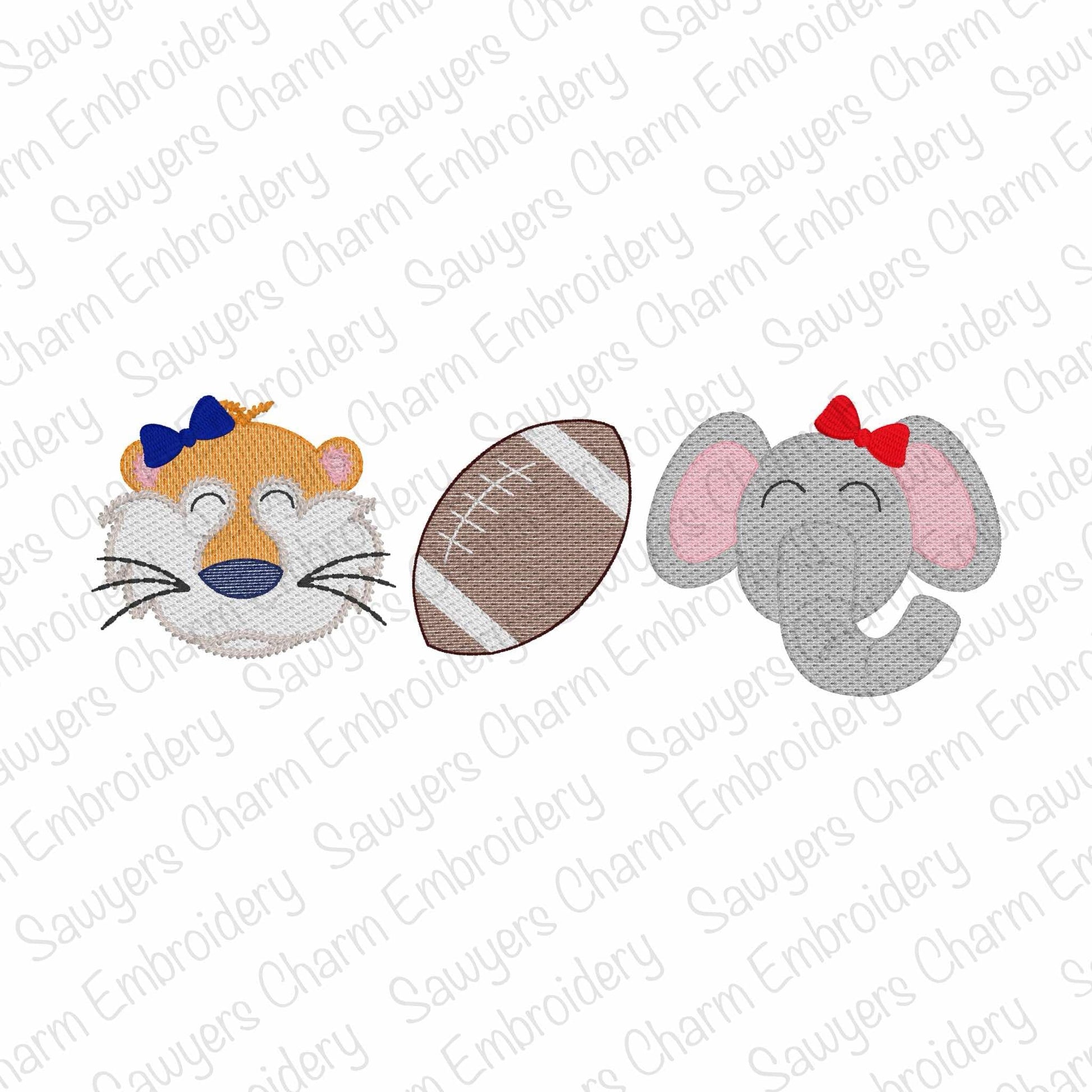 Embroidered designs of a fox, football, and elephant on a white background with 'Sauyer's Charm Embroidery' watermark.