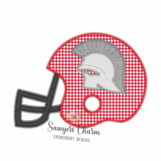 Embroidered design of a football helmet with a Spartan helmet on a red and white checkered background, featuring 'Sawyer's Charm Embroidery Designs' logo.