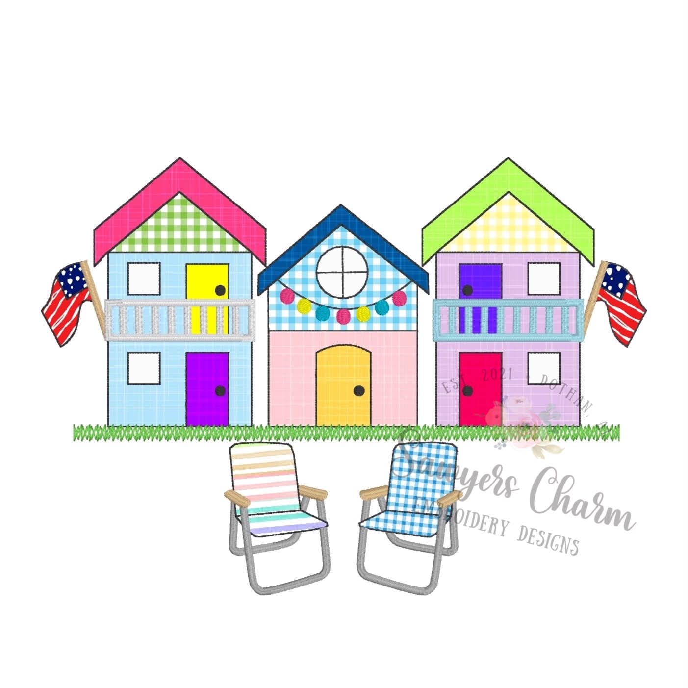 Cabins & lawn chairs bean stitch applique, machine embroidery design, county fair, American flag