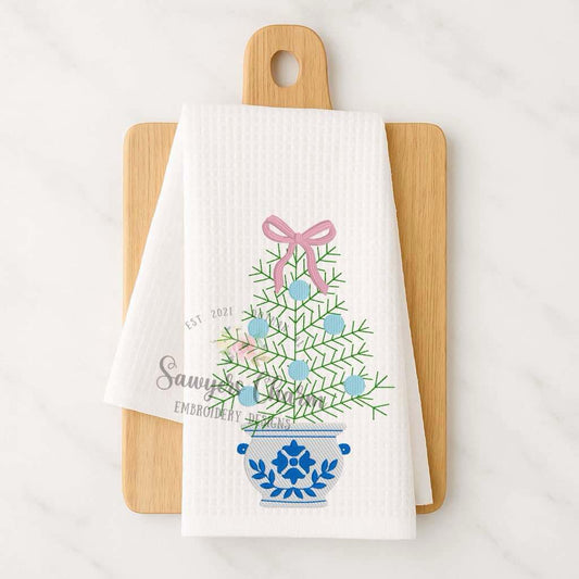 Christmas tree in delft pot stitch machine embroidery design file, filled stitch, bean stitch details, coquette bow