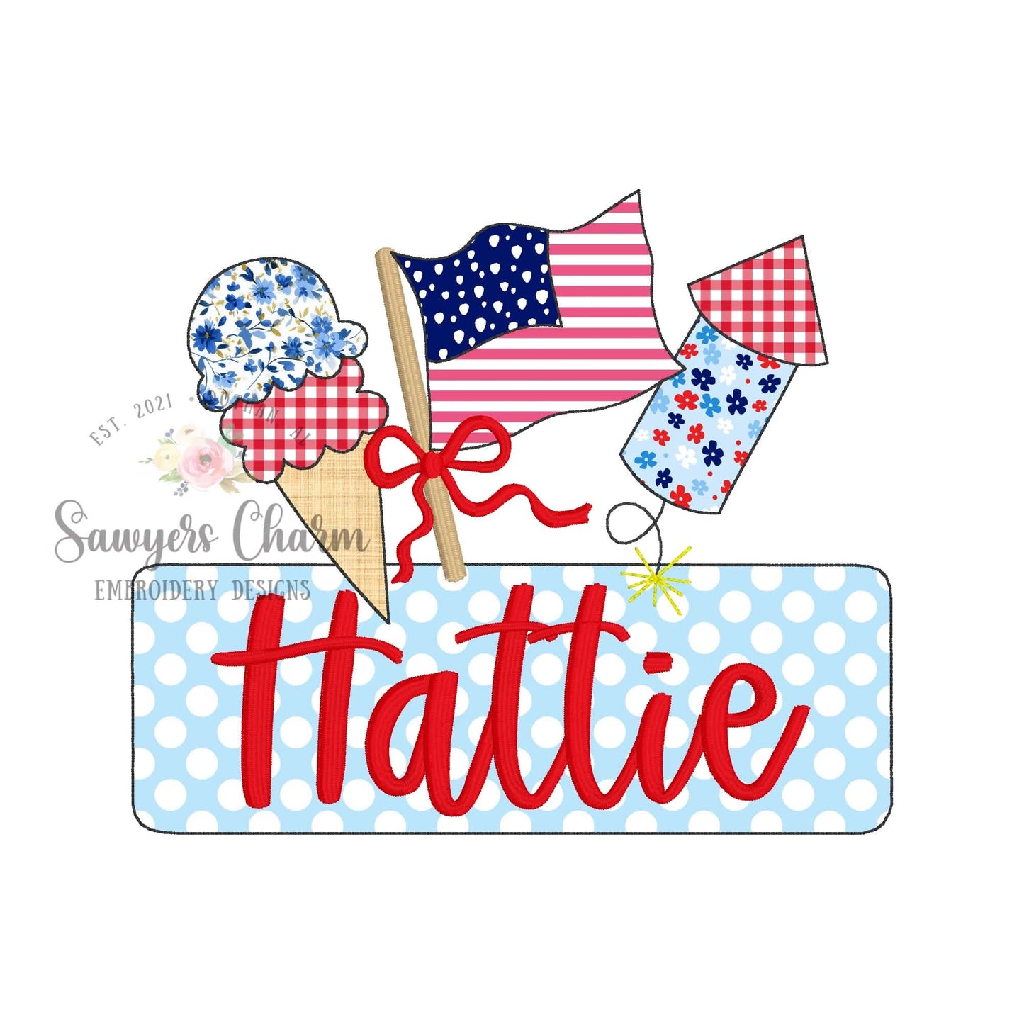 Ice cream, American flag, firework trio & name plate, bean stitch applique, embroidery design BUNDLE, with/without coquette bow, patriotic