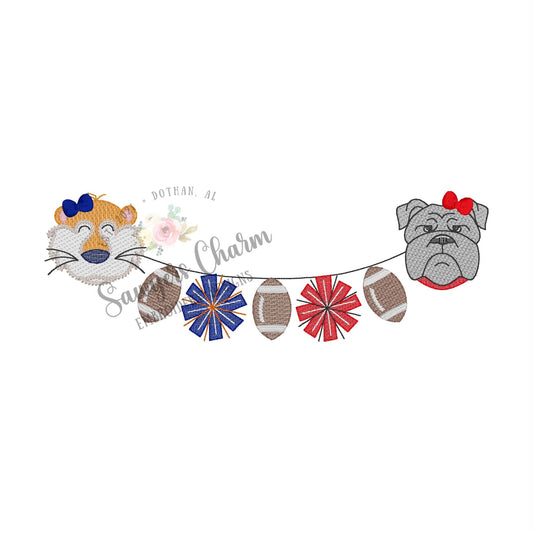 Tiger & Bulldog mascot football pom poms bunting banner, sketch stitch embroidery design, with coquette bows, house divided