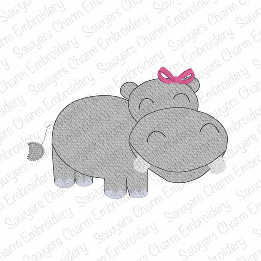 BUNDLE Hippo sketch stitch machine embroidery design, With/without coquette bow, zoo animal, hippopotamus