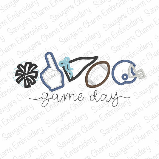 Game Day football machine embroidery design, trendy coquette bow, fall sports, college, larger sizes, pom poms, foam finger, pennant, helmet