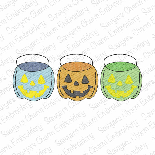 BUNDLE Candy bucket jackolantern sketch stitch trio machine embroidery design, Halloween, spooky, includes coquette bows, trick or treat