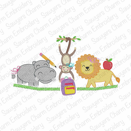 BUNDLE Back to school Zoo/jungle/safari animals with/without bows sketch stitch trio, machine embroidery design, hippo, monkey on vine, lion