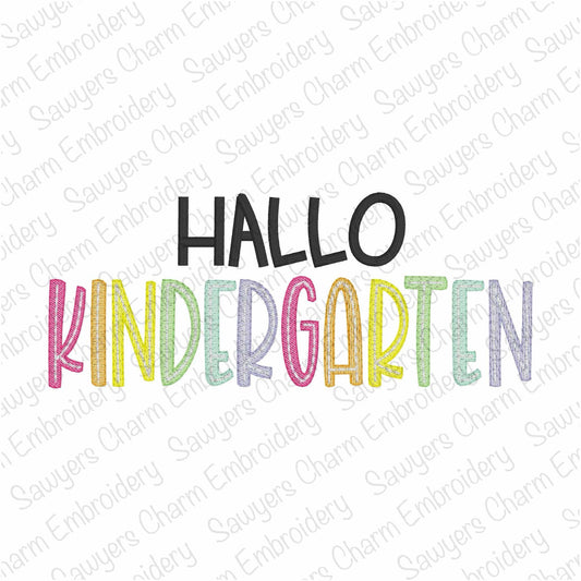 German Hallo Kindergarten, sketch stitch embroidery design, back to school, K-5 student