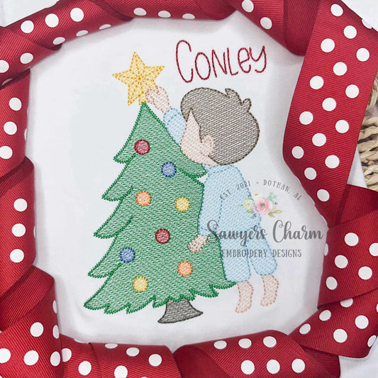 Little boy putting star on Christmas tree sketch stitch machine embroidery design, happy holidays, Merry Christmas, ornaments, pajamas