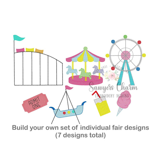 BUNDLE of individual fair rides & food, sketch stitch embroidery designs, roller coaster, ferris wheel, roller coaster, lemonade, carousel