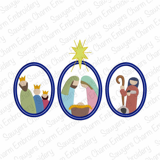 Nativity scene with Bethlehem star oval frame trio, fill stitch machine embroidery design, holidays, Merry Christmas, Baby Jesus, wisemen