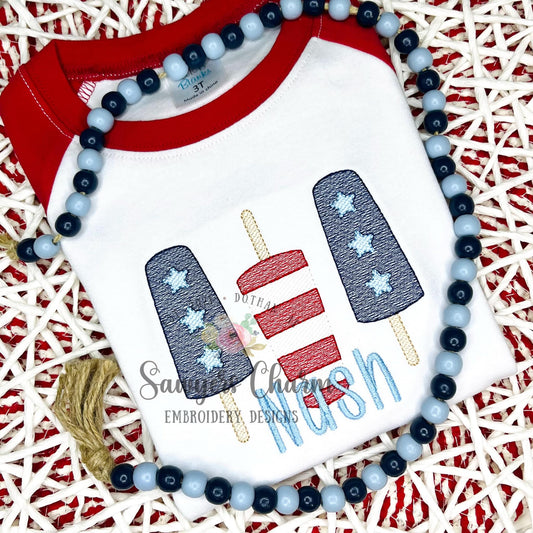 Patriotic popsicles trio sketch machine embroidery design file, quick stitch, bean stitch, stars and stripes, red white blue, July 4th