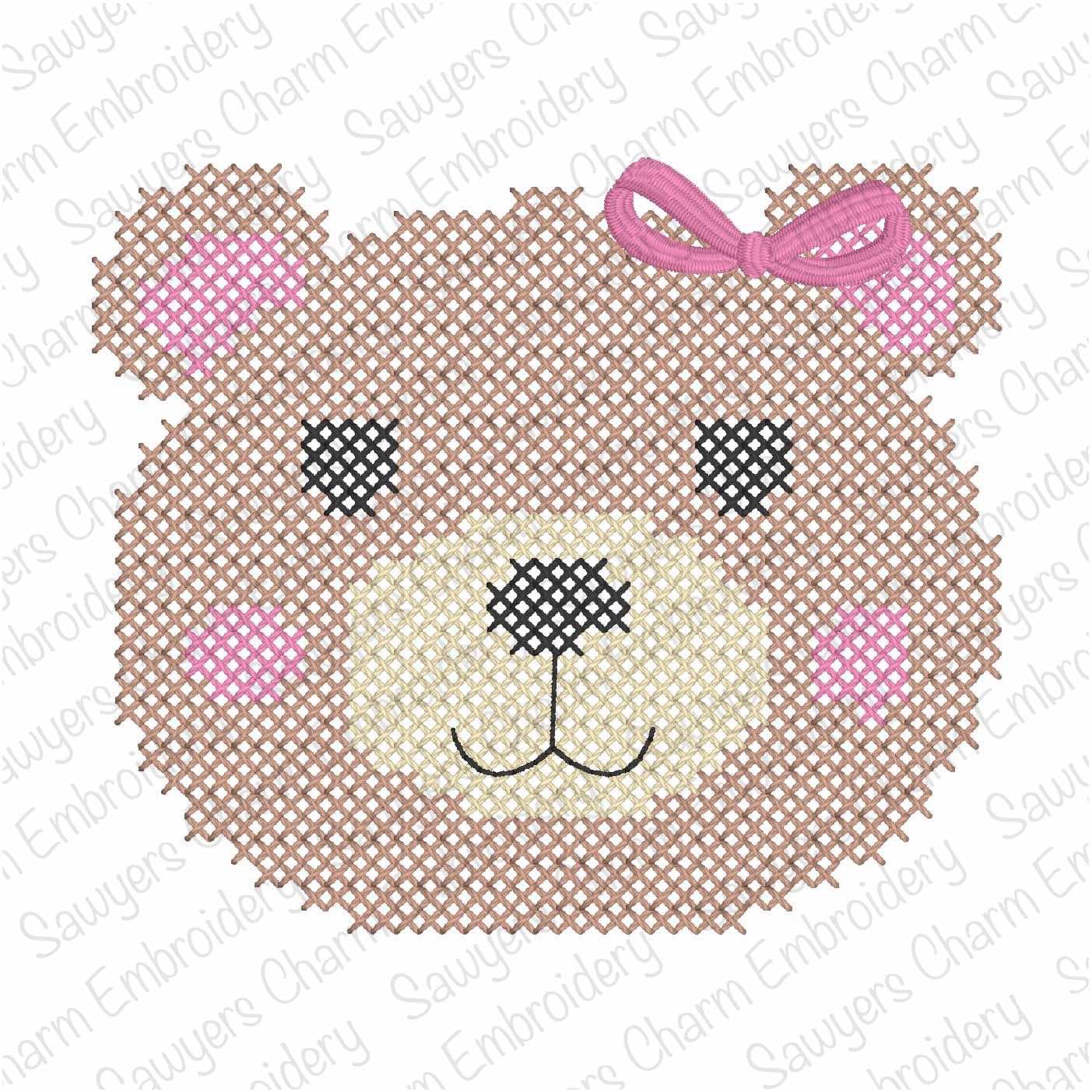 BUNDLE Cross stitch teddy bear machine embroidery design file, includes coquette bow, vintage stitch