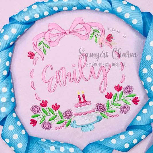 Floral birthday monogram frame, satin stitch/fill stitch machine embroidery design, coquette bow, crest, ribbons, cake, candle, laurel