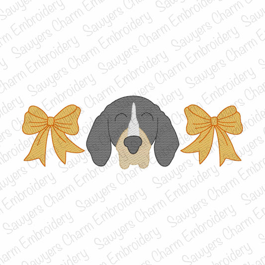 Coquette bows hound dog mascot sketch stitch trio, machine embroidery design, quick stitch, football fan, cheerleading fan, dance, ribbons