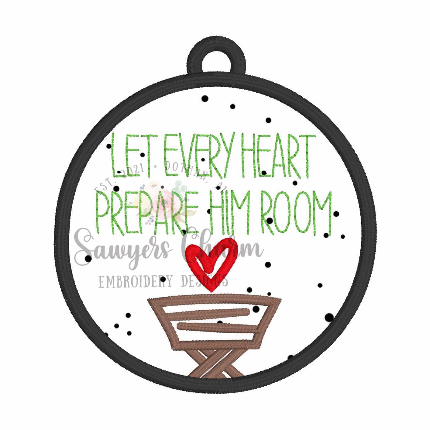 ITH Let Every Heart Prepare Him Room manger with heart Christmas ornament, satin stitch machine embroidery design, happy holidays, Merry Christmas, Baby Jesus