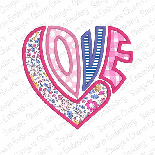 Retro LOVE heart satin stitch machine applique embroidery design, vintage Valentine's Day