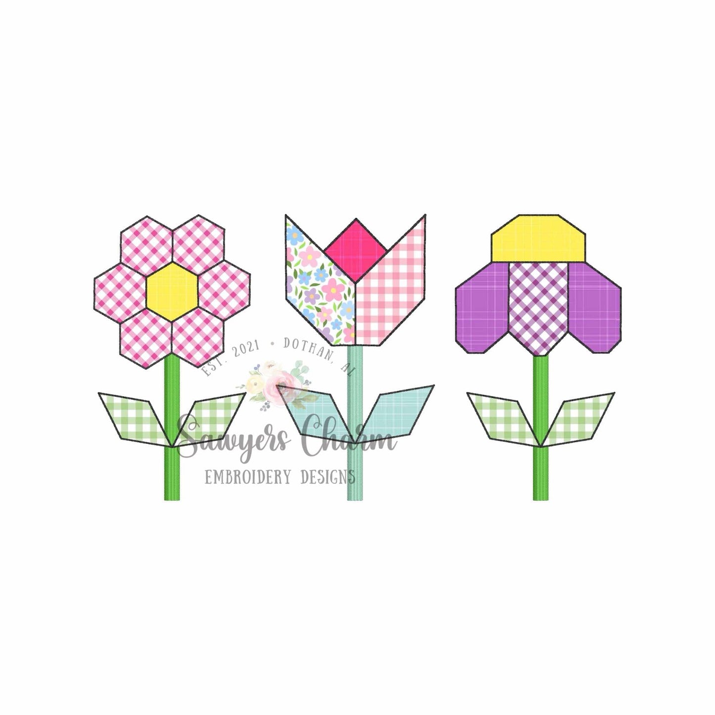 Quilt style flowers bean stitch applique trio, machine embroidery design, hexagon, tulip, cone flower
