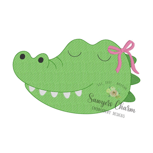 Alligator mascot sketch stitch embroidery design BUNDLE, with/without coquette bow, zoo animal, gator/crocodile