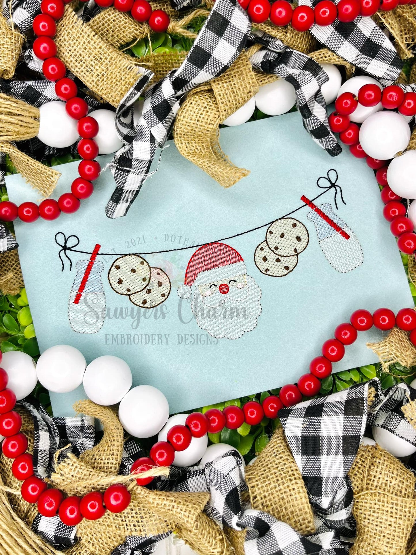 BUNDLE Santa Claus milk & cookies bunting banner with and without bow sketch stitch machine embroidery file, Happy holidays, Merry Christmas