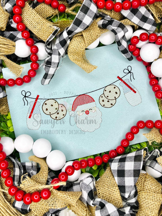 BUNDLE Santa Claus milk & cookies bunting banner with and without bow sketch stitch machine embroidery file, Happy holidays, Merry Christmas