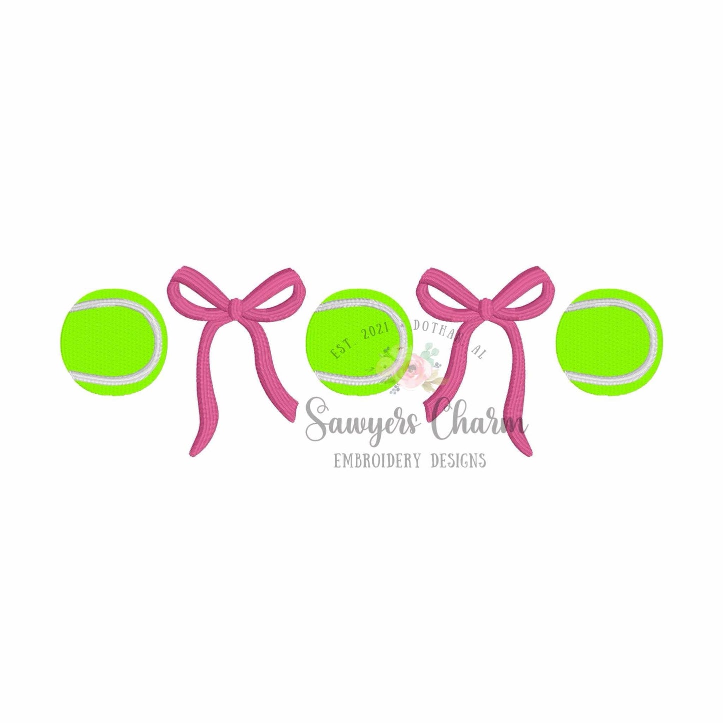 Trendy Coquette Bows & tennis balls fill stitch, machine embroidery design, Larger sizes included, perfect for sports fan/mom, cheer