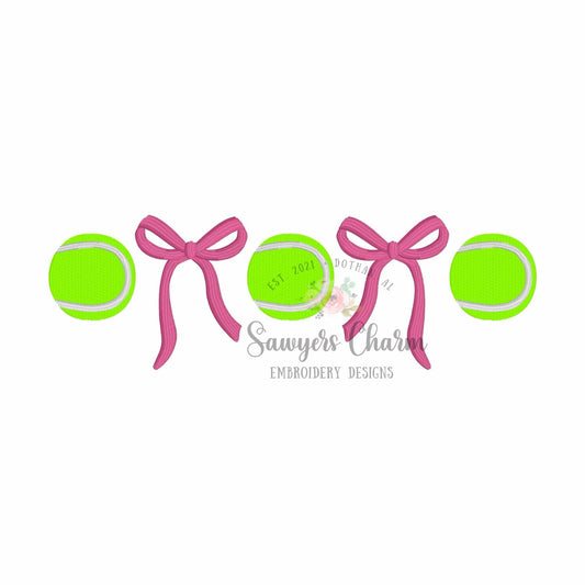 Trendy Coquette Bows & tennis balls fill stitch, machine embroidery design, Larger sizes included, perfect for sports fan/mom, cheer
