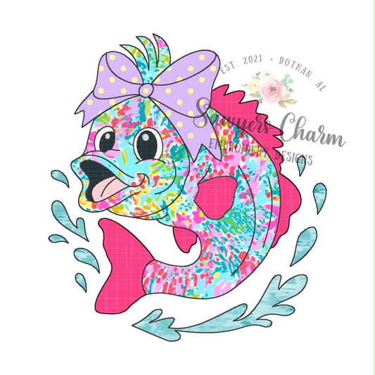 Bass fish bean stitch applique, embroidery design, with coquette bow, summer fishing, lots of sizes included