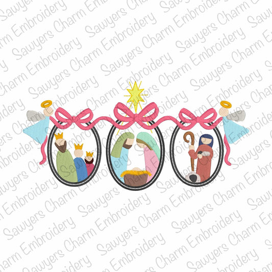 Trendy coquette bows nativity scene, oval frame trio, fill stitch machine embroidery design, holidays, Merry Christmas, Baby Jesus, wisemen