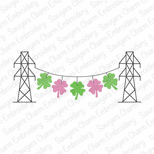 Transmission tower lineman shamrocks/four leaf clover bunting banner, sketch stitch machine embroidery design, St. Patrick's day, power line