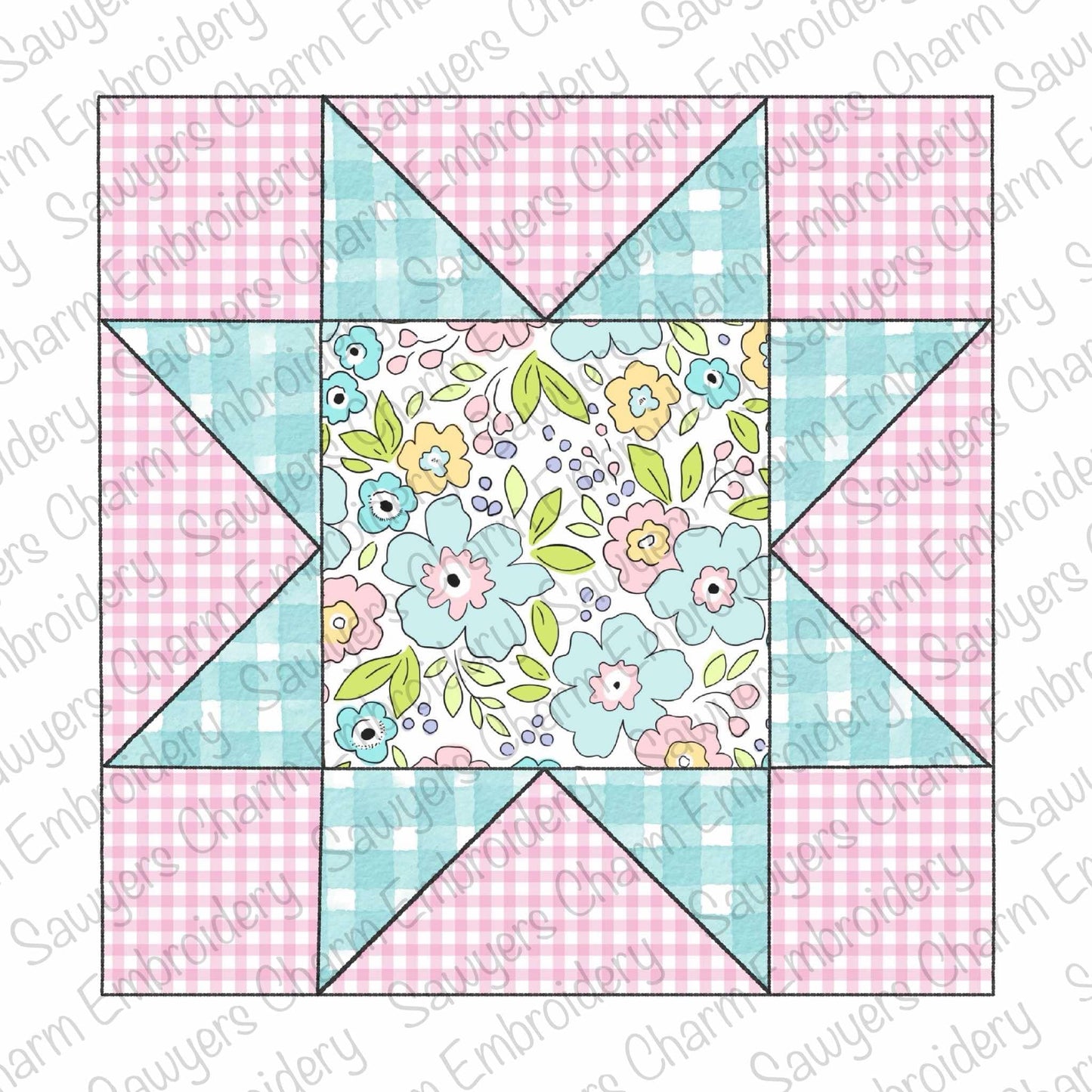 Star quilt block with center square bean stitch machine applique, embroidery design, vintage quilt square