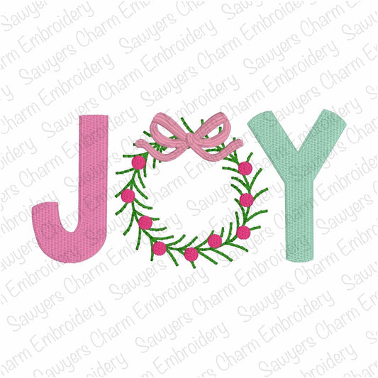 Christmas JOY wreath with coquette bow & berries fill stitch, machine embroidery design file, bean stitch, satin stitch, happy holidays