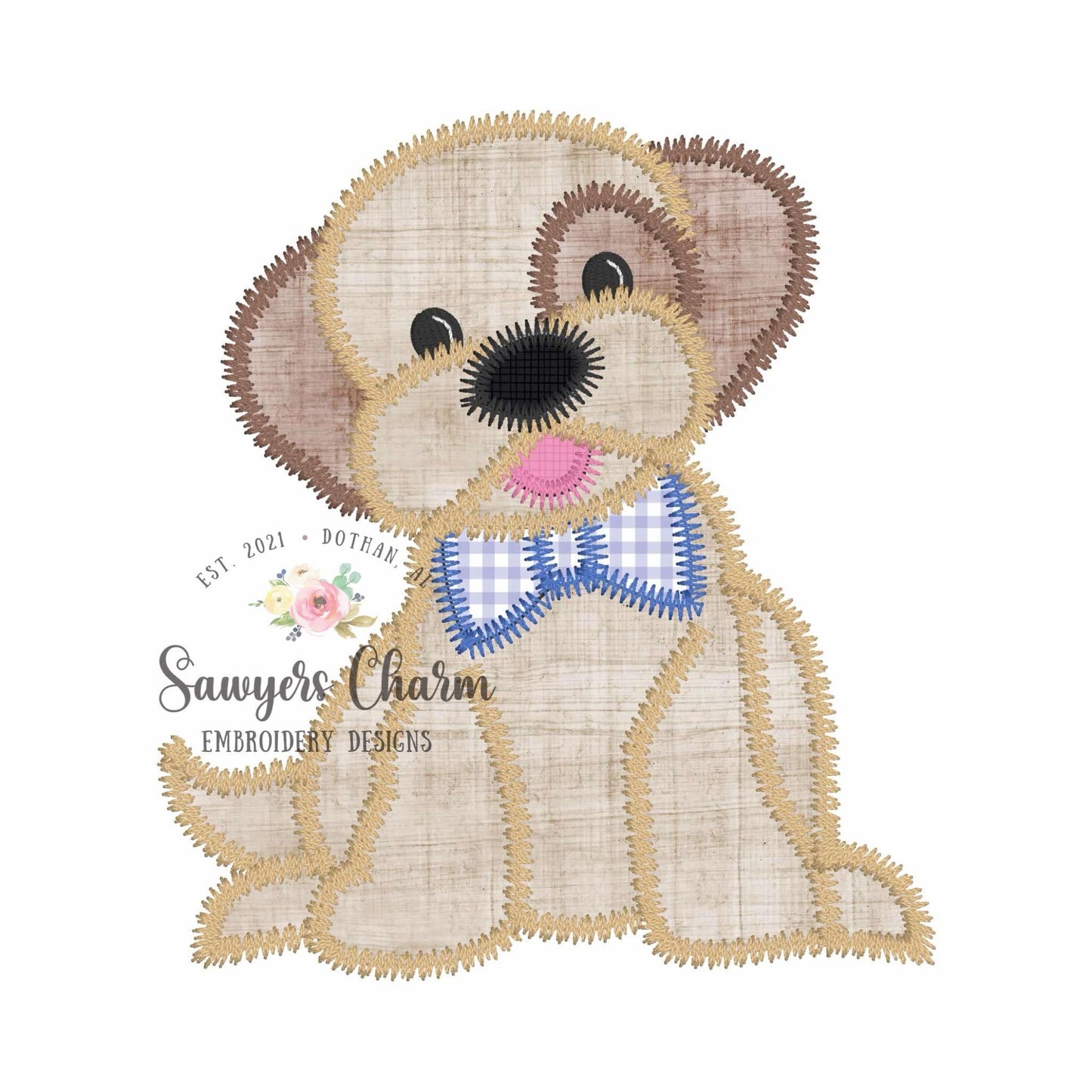 Puppy dog with bow tie machine applique embroidery design, Zigzag stitch
