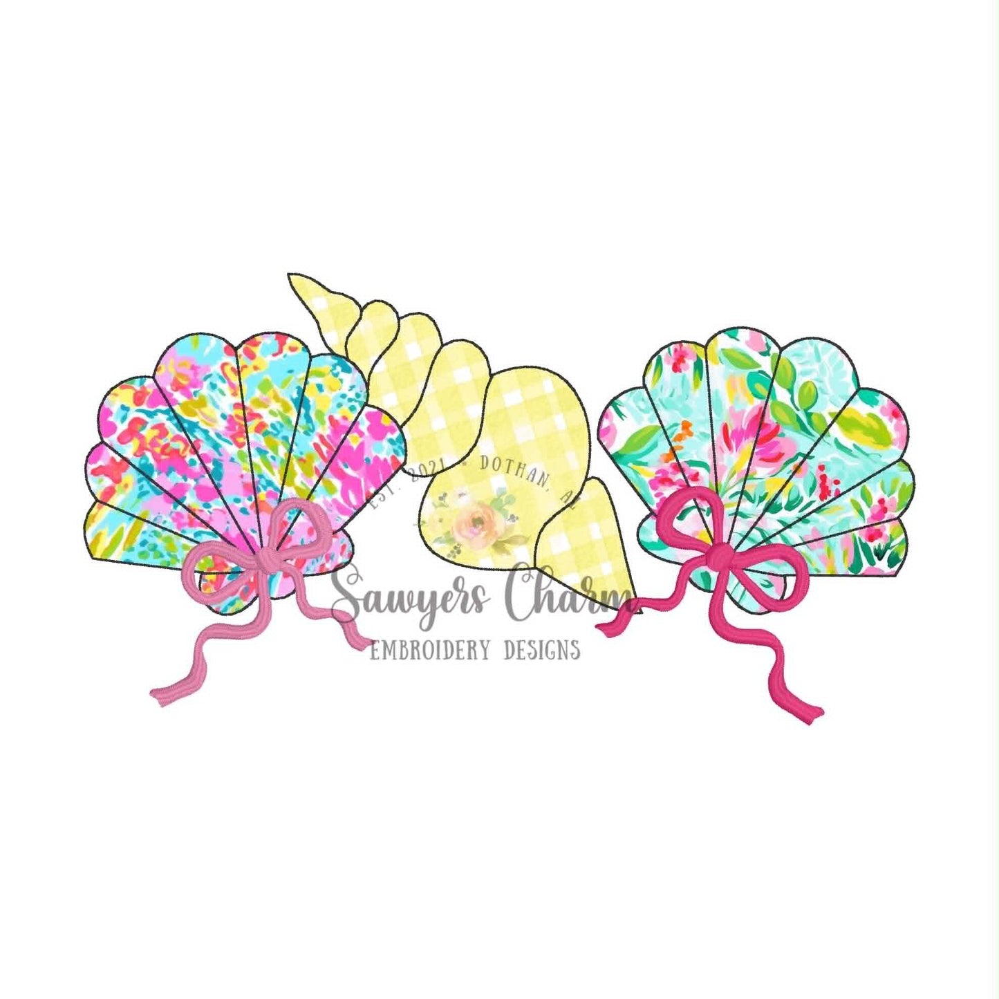 Seashells trio bean stitch applique BUNDLE, with/without coquette bow, beach summer