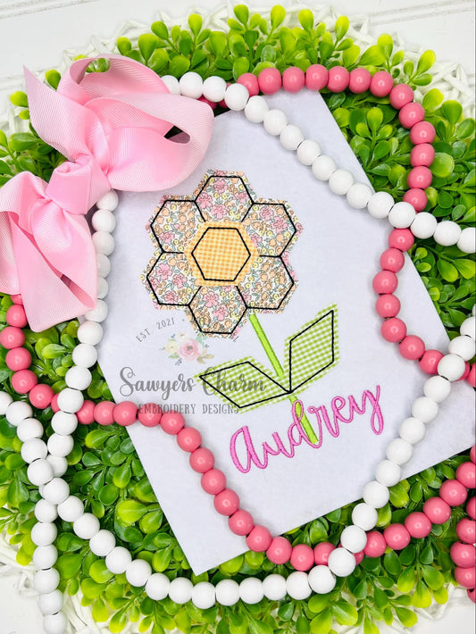 Quilt style hexagon flower bean stitch applique, machine embroidery design, grandmother's flower garden