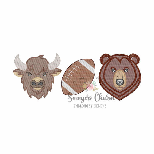 Bison, football, grizzly bear trio, sketch stitch embroidery design, house divided, fall sports mascot