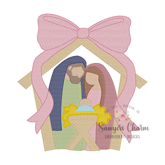 Nativity manger scene with bow, sketch stitch embroidery design, whimsical Christmas with Baby Jesus, Mary, Joseph