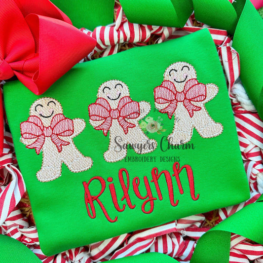 Gingerbread cookies with bow trio sketch stitch machine embroidery design file, Merry Christmas, happy holidays, baking cooking, coquette