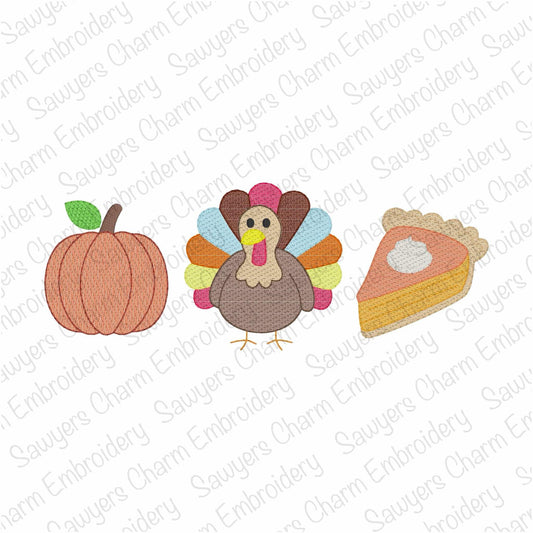 BUNDLE Thanksgiving trio sketch stitch machine embroidery design, quick stitch, pumpkin, turkey, pie , gobble, happy holidays