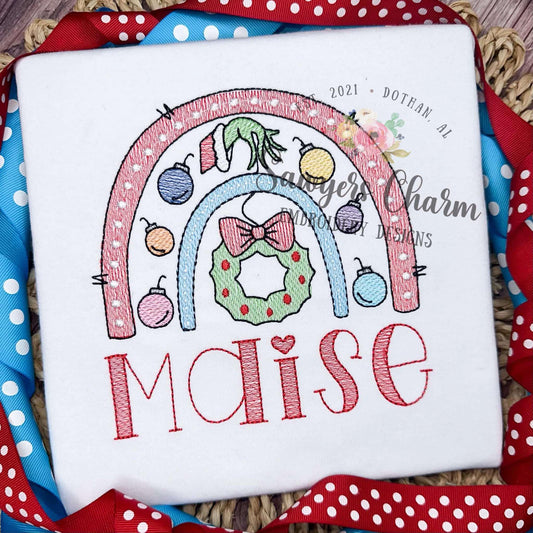 Grinch Christmas ornament with wreath rainbow sketch stitch machine embroidery design
