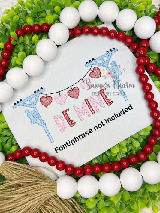 Valentine lineman hearts bunting banner, sketch stitch machine embroidery design file, quick stitch, bean stitch, love, XOXO