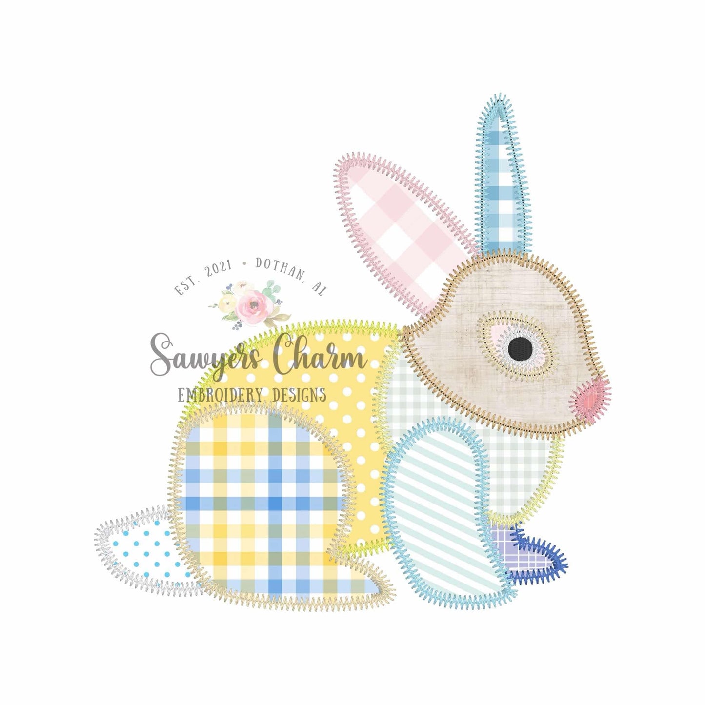 BUNDLE Patchwork bunny rabbit zig zag stitch machine applique embroidery design, with/without coquette bow, Vintage Easter