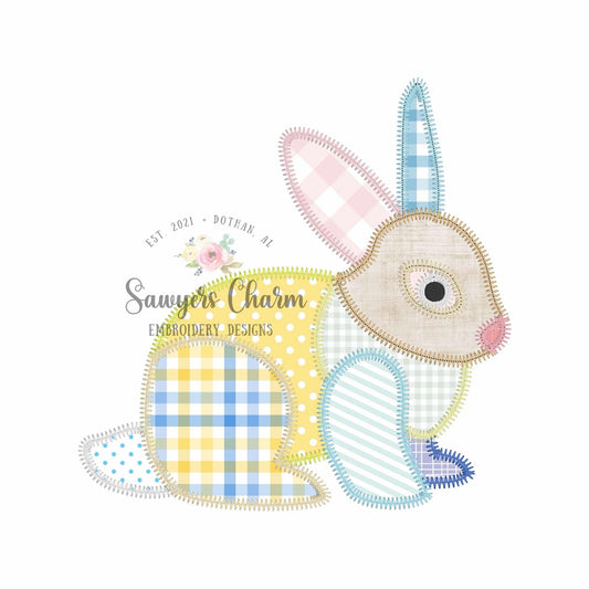 BUNDLE Patchwork bunny rabbit zig zag stitch machine applique embroidery design, with/without coquette bow, Vintage Easter