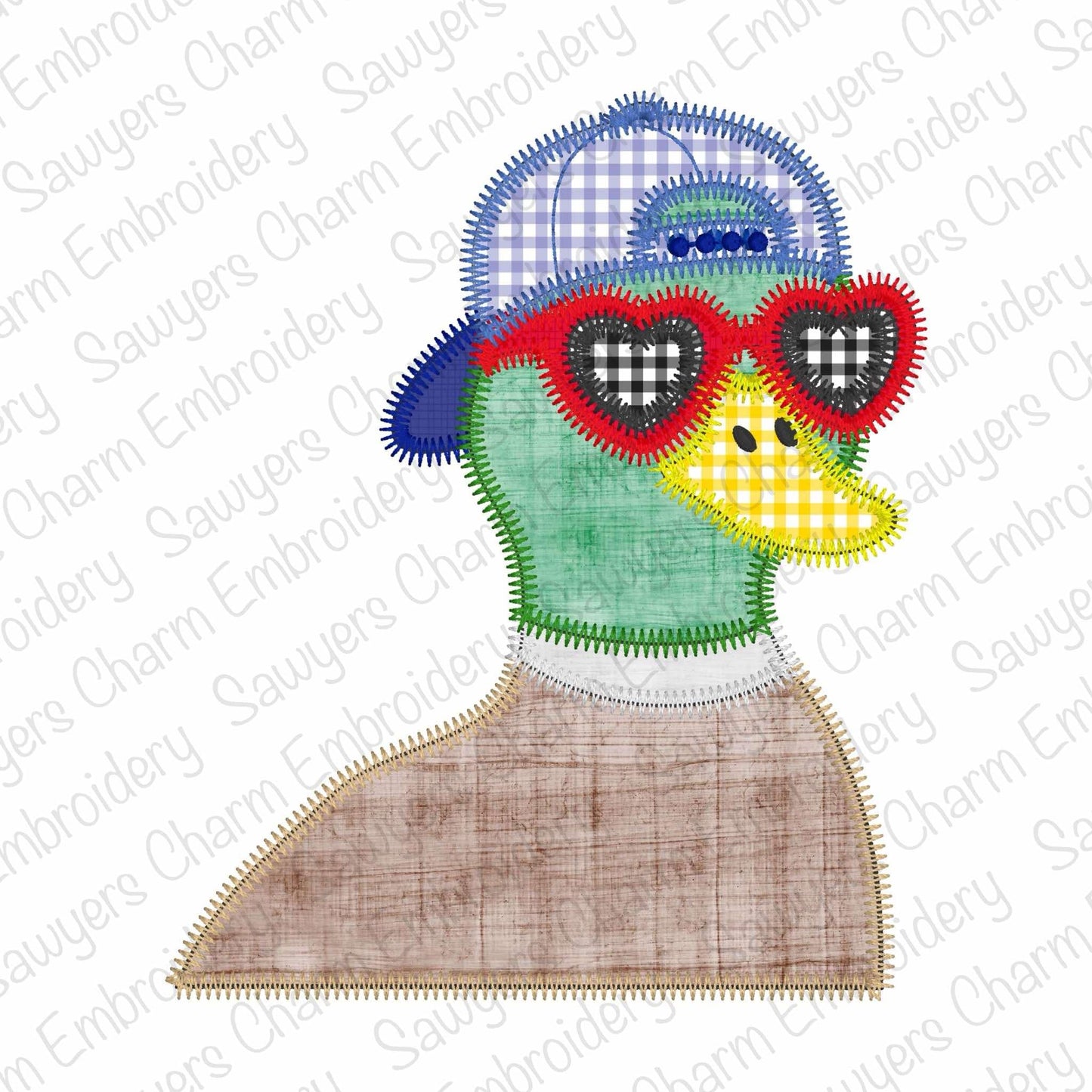 BUNDLE Valentine's Day Mallard duck with ball cap/hat and heart sunglasses bean & zig zag stitch machine applique embroidery design